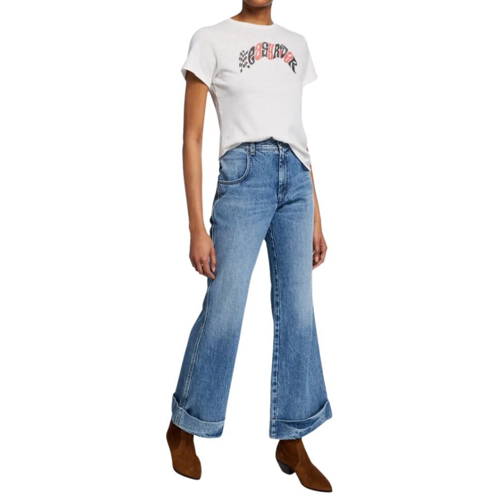 RE/DONE 70s Ultra High Rise Cuffed Bell Bottom Blue Jean Denim Womens Size 28